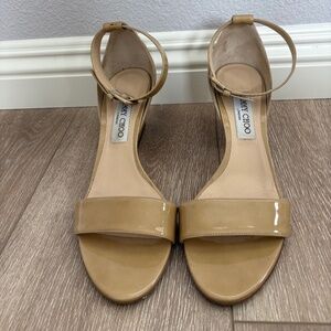 Jimmy Choo tan patent heels with ankle strap